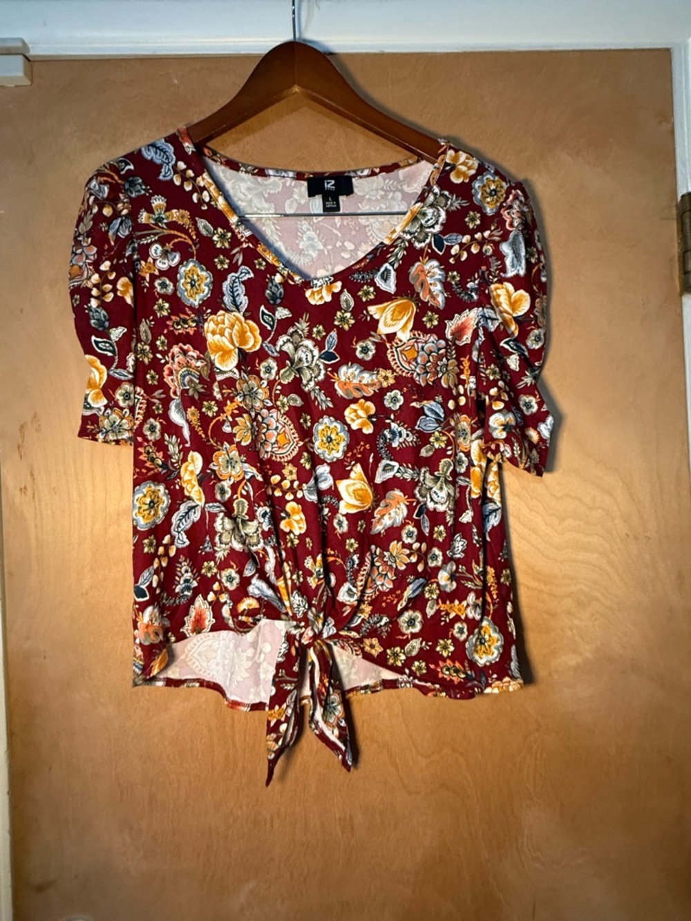Iz Byer Burgundy Floral Tie-Front V-Neck Blouse